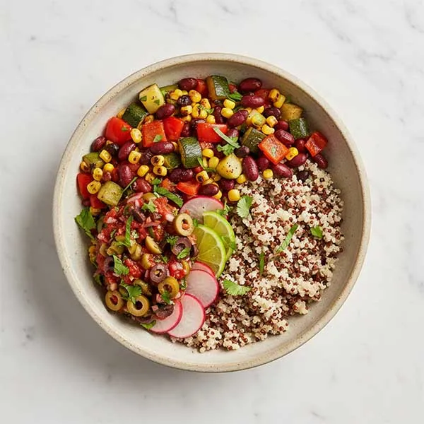 Fiesta Vegetable Quinoa Bowl with Red Beans & Tangy Olive-Pickle Salsa